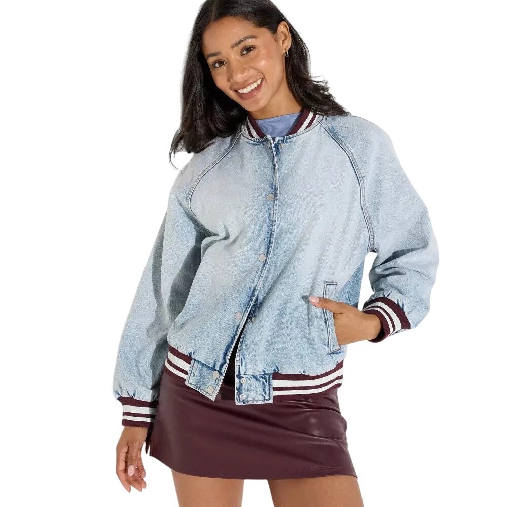 Wild Fable Women's Light Acid Wash Denim Varsity Bomber Jacket Size XS